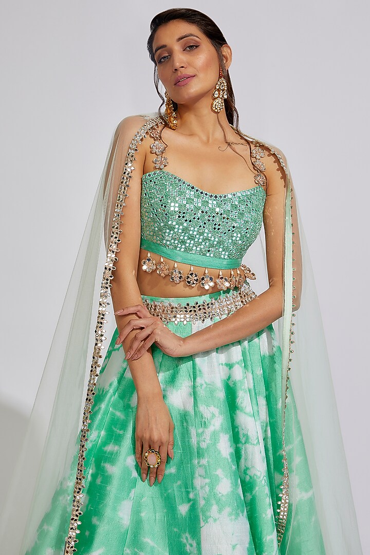 Mint Green Raw Silk Tie-Dye Wedding Lehenga Set by Akanksha Gajria at Pernia's Pop Up Shop