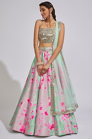 Blue & Fuchsia Raw Silk Tie-Dye Lehenga Set by Akanksha Gajria