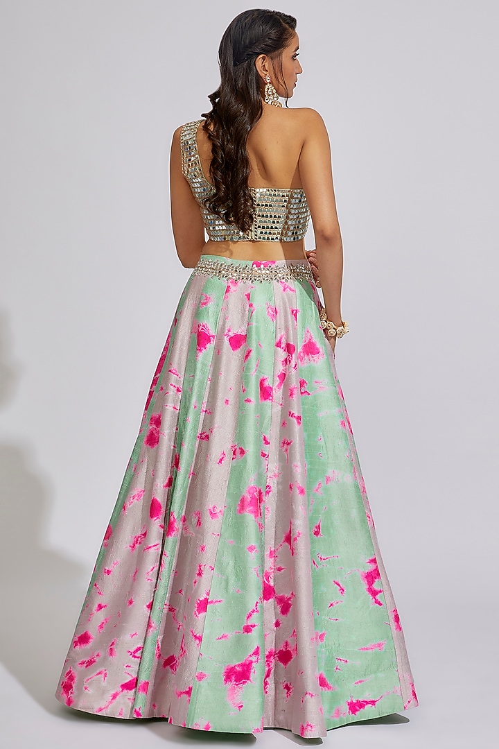 Blue & Fuchsia Raw Silk Tie-Dye Wedding Lehenga Set by Akanksha Gajria at Pernia's Pop Up Shop