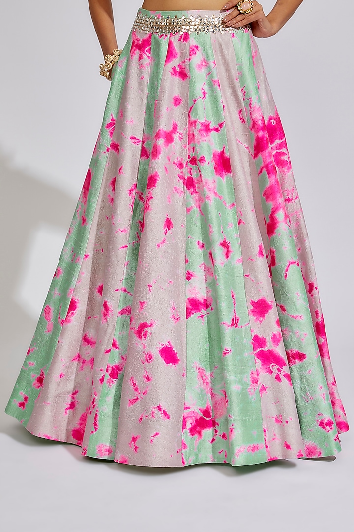 Blue & Fuchsia Raw Silk Tie-Dye Wedding Lehenga Set by Akanksha Gajria at Pernia's Pop Up Shop