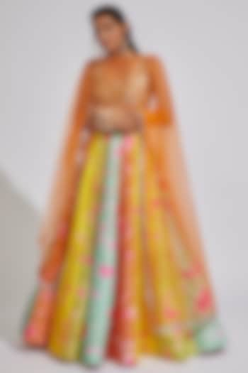 Multi-Colored Raw Silk Tie-Dye Lehenga Set by Akanksha Gajria