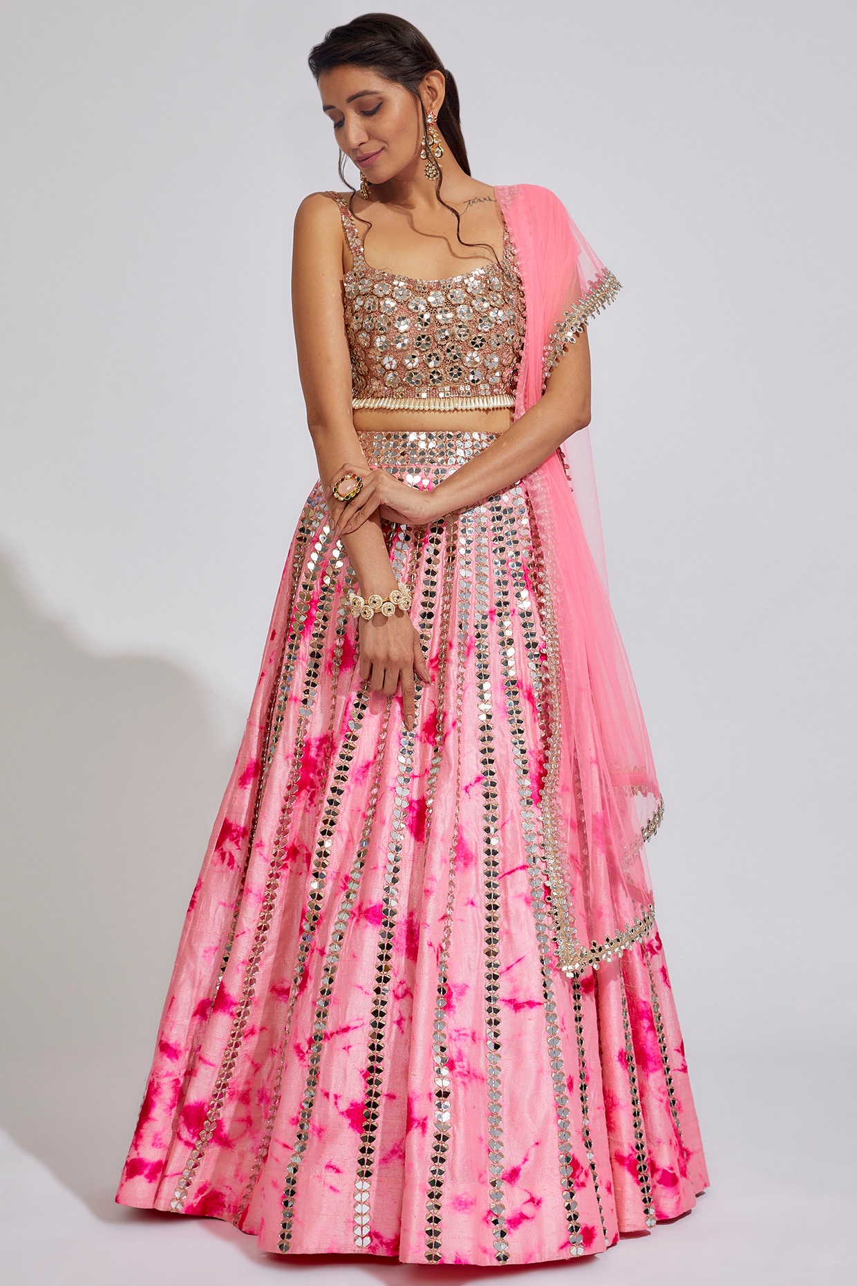 Colorful tie and dye lehenga with floral embroidery blouse - Label Sravani