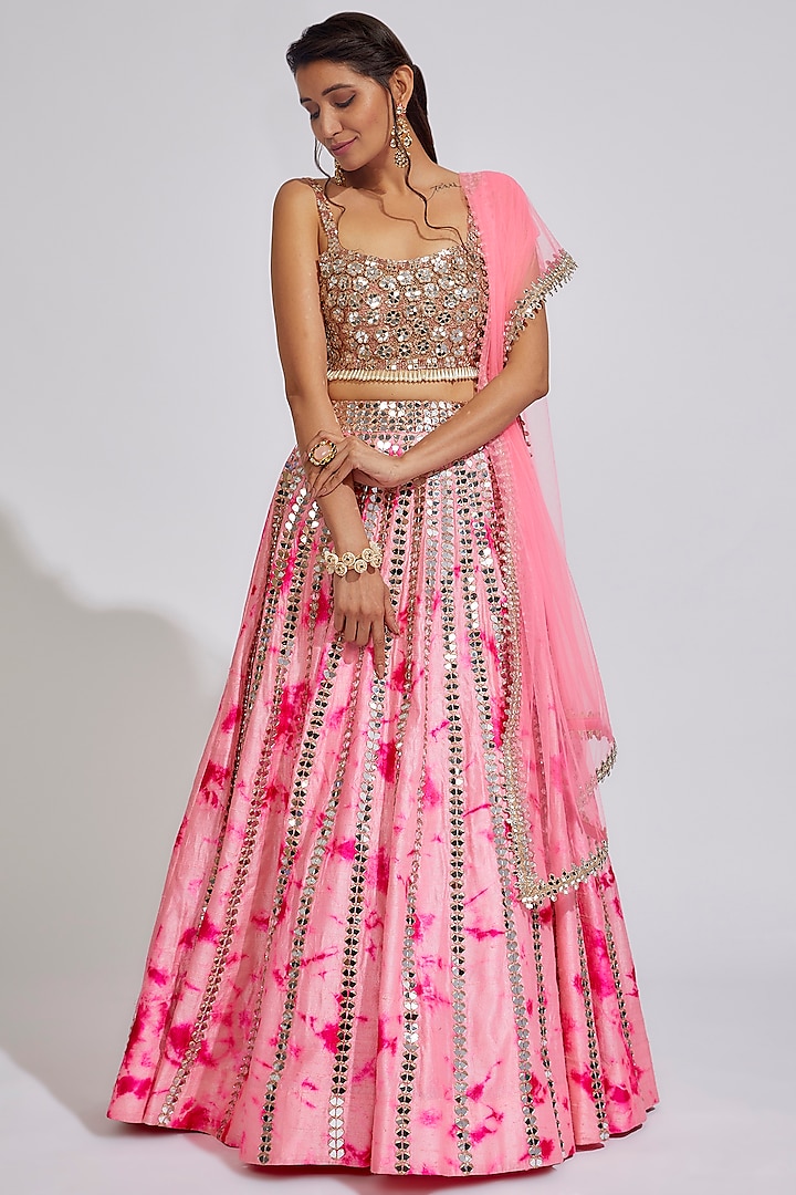 Pink Raw Silk Tie-Dye Bridal Lehenga Set by Akanksha Gajria at Pernia's Pop Up Shop