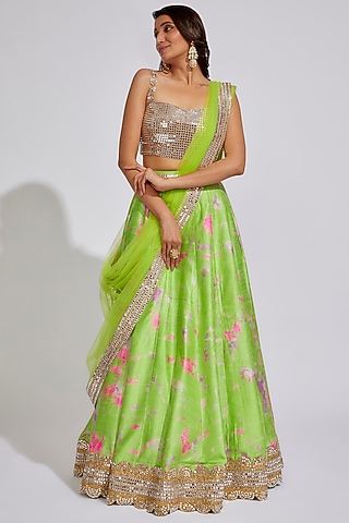 Green Raw Silk Tie-Dye Lehenga Set by Akanksha Gajria