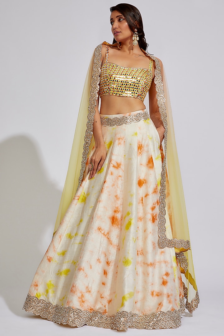 Ivory Raw Silk Tie-Dye Bridal Lehenga Set by Akanksha Gajria at Pernia's Pop Up Shop