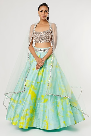 Mint Printed & Embroidered Lehenga Set by Akanksha Gajria