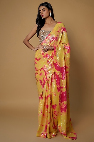 Lime & Millennial Pink Georgette Sequins Saree Set by Akanksha Gajria