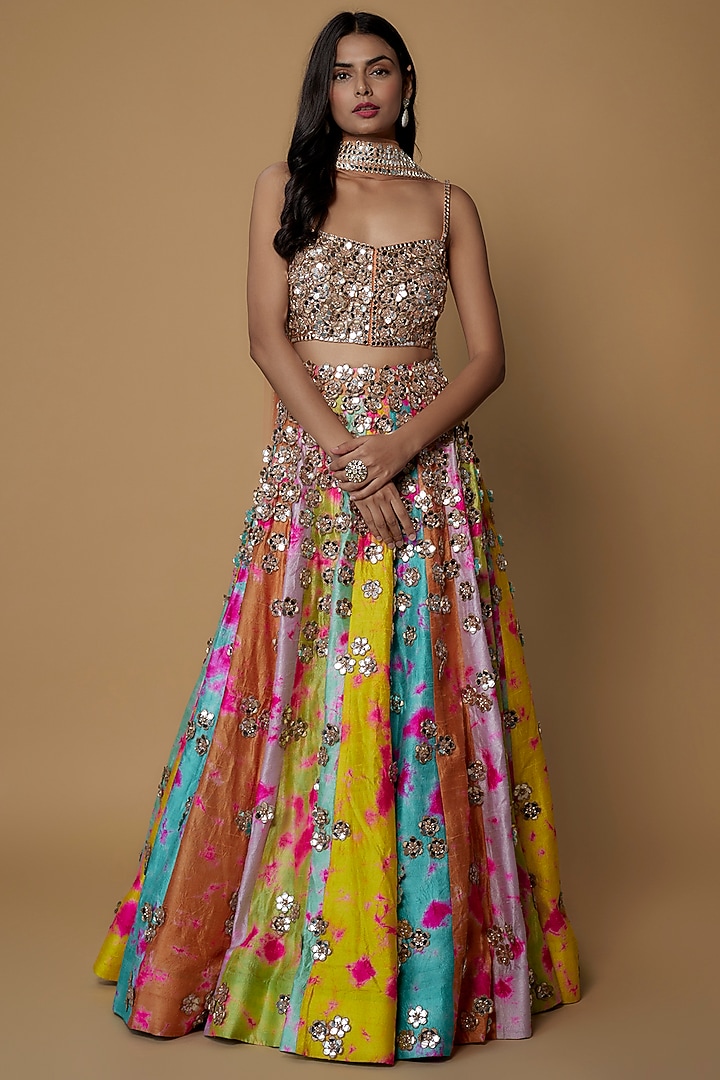 Multi-Colored Raw Silk Embroidered Bridal Lehenga Set by Akanksha Gajria at Pernia's Pop Up Shop