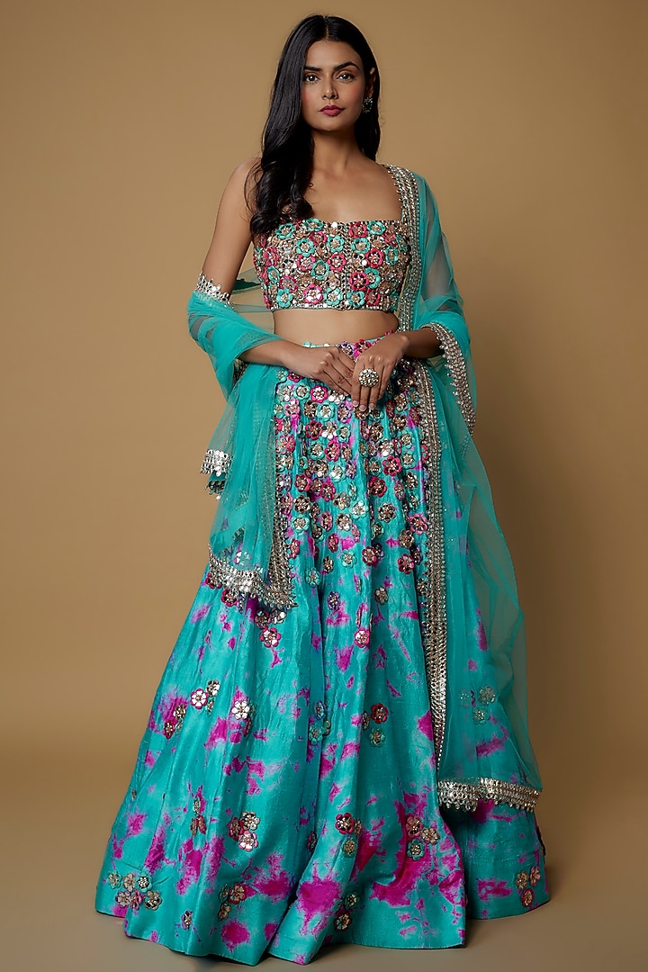Blue & Pink Raw Silk Embroidered Bridal Lehenga Set by Akanksha Gajria at Pernia's Pop Up Shop