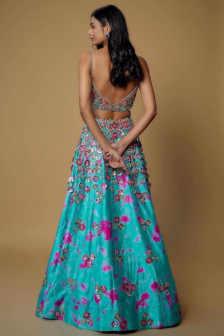 Blue & Pink Raw Silk Embroidered Bridal Lehenga Set by Akanksha Gajria at Pernia's Pop Up Shop