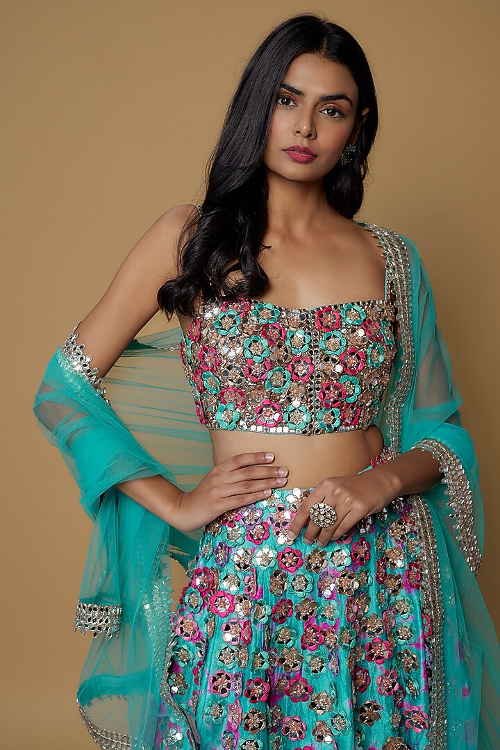 Blue & Pink Raw Silk Embroidered Bridal Lehenga Set by Akanksha Gajria at Pernia's Pop Up Shop