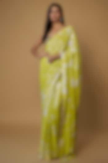 Lime & White Georgette Sequins Saree Set by Akanksha Gajria