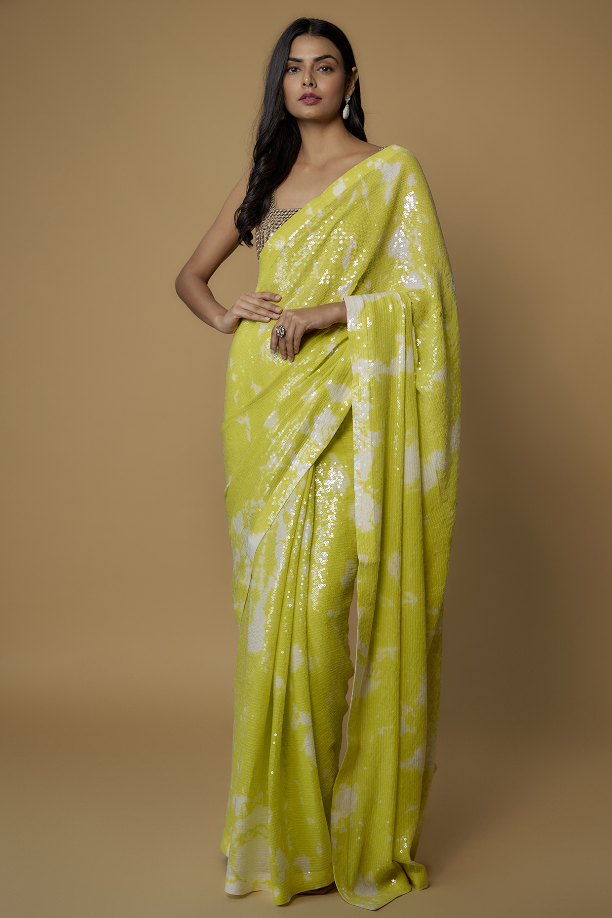 Lime & White Georgette Sequins Reception Saree Set by Akanksha Gajria at Pernia's Pop Up Shop