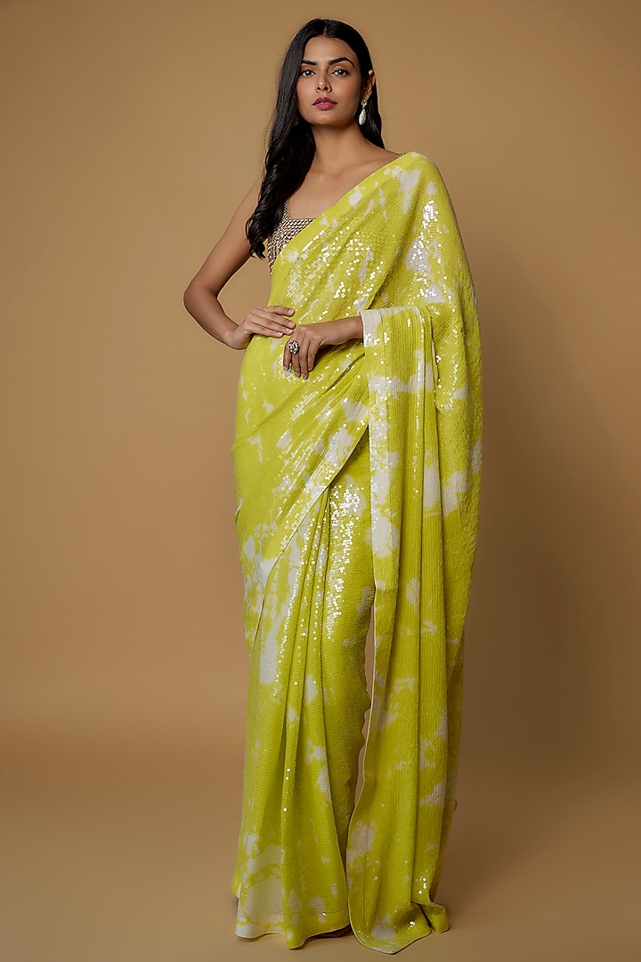 Lime & White Georgette Sequins Saree Set by Akanksha Gajria