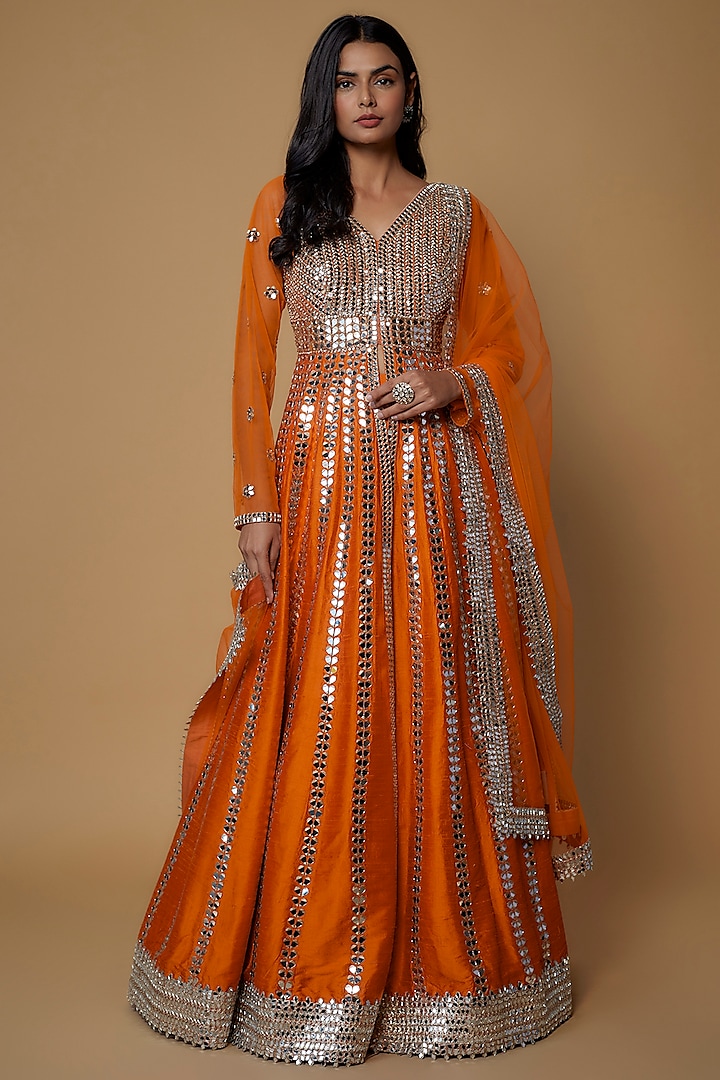 Orange Raw Silk Embroidered Anarkali Set by Akanksha Gajria
