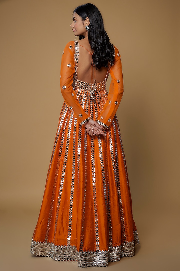 Orange Raw Silk Mirror Embroidered Bridal Anarkali Set by Akanksha Gajria at Pernia's Pop Up Shop