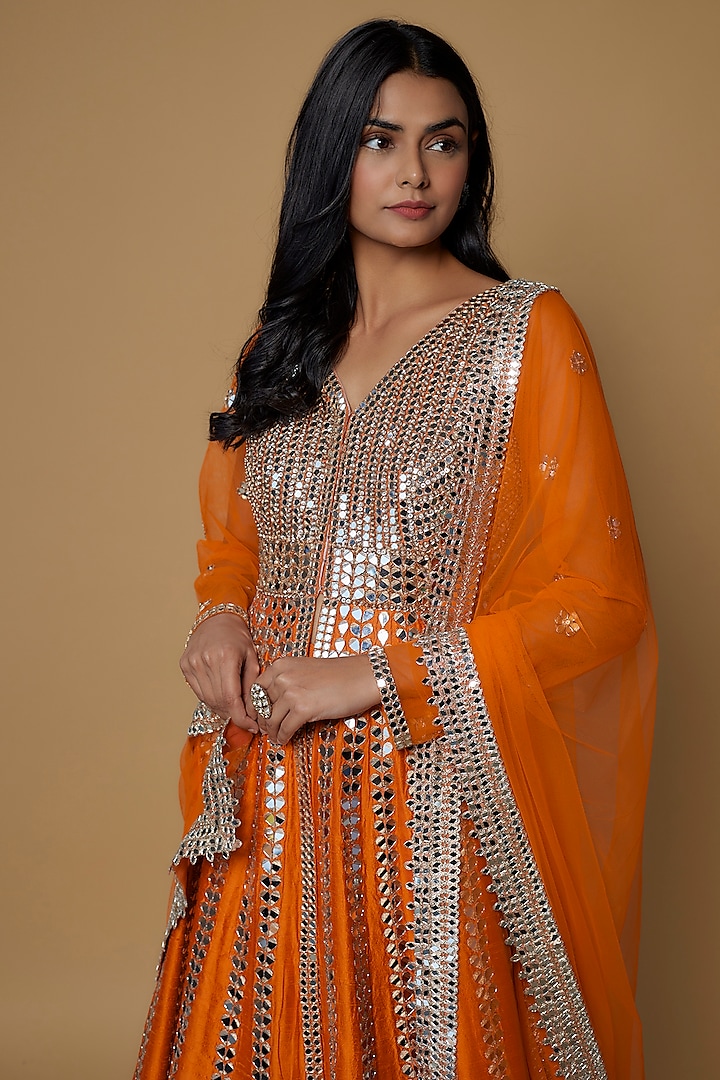Orange Raw Silk Mirror Embroidered Bridal Anarkali Set by Akanksha Gajria at Pernia's Pop Up Shop