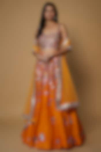 Orange Raw Silk Embroidered Lehenga Set by Akanksha Gajria