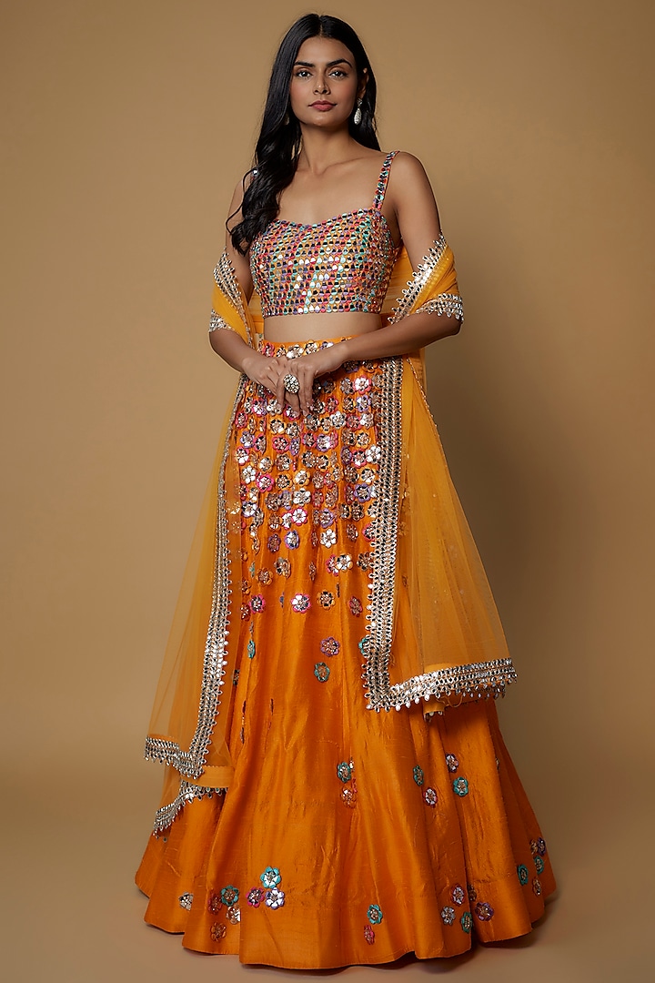 Orange Raw Silk Embroidered Lehenga Set by Akanksha Gajria