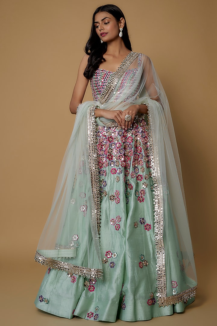 Blue Raw Silk Embroidered Bridal Lehenga Set by Akanksha Gajria at Pernia's Pop Up Shop