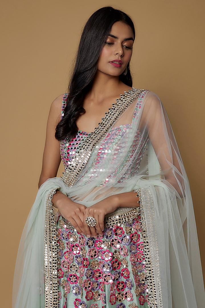 Blue Raw Silk Embroidered Bridal Lehenga Set by Akanksha Gajria at Pernia's Pop Up Shop