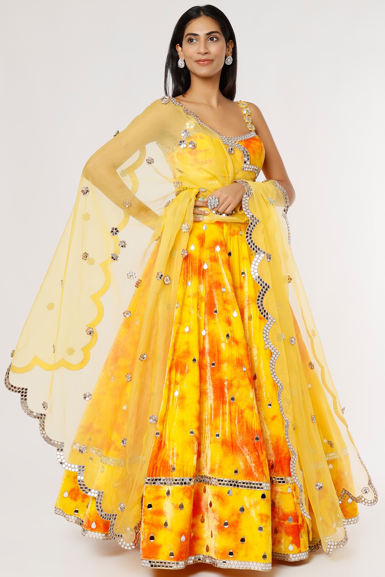 Akanksha Gajria Yellow Raw Silk Tie-Dye Printed & Mirror Embroidered Lehenga Set