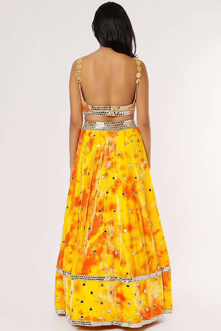 Yellow Raw Silk Tie-Dye Printed & Mirror Embroidered Bridal Lehenga Set by Akanksha Gajria at Pernia's Pop Up Shop