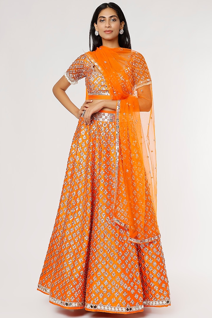Orange Embellishments Lehenga Set by Akanksha Gajria