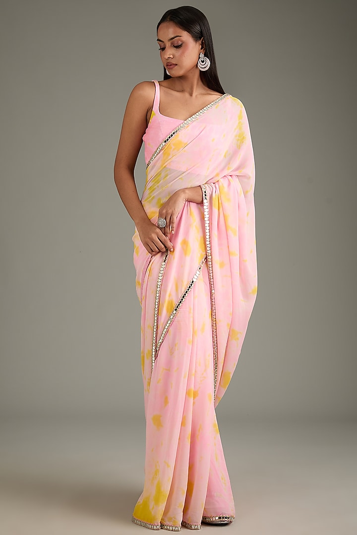 Blush Pink Georgette Tie-Dye Wedding Saree Set by Akanksha Gajria at Pernia's Pop Up Shop
