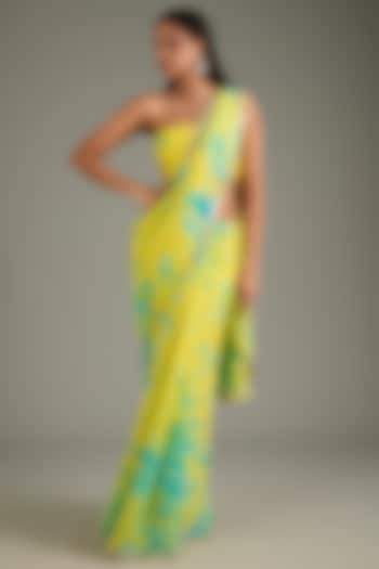 Yellow & Aqua Georgette Tie-Dye Wedding Saree Set by Akanksha Gajria at Pernia's Pop Up Shop