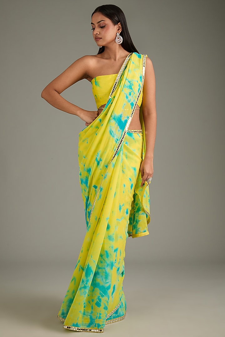Yellow & Aqua Georgette Tie-Dye Wedding Saree Set by Akanksha Gajria at Pernia's Pop Up Shop