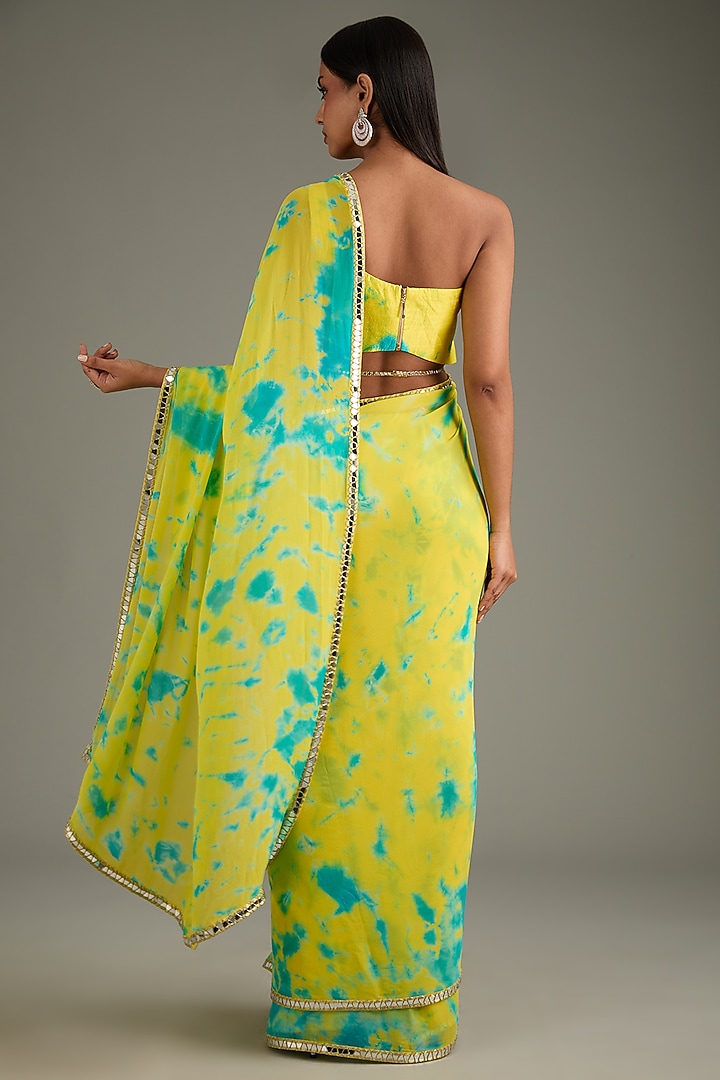 Yellow & Aqua Georgette Tie-Dye Wedding Saree Set by Akanksha Gajria at Pernia's Pop Up Shop