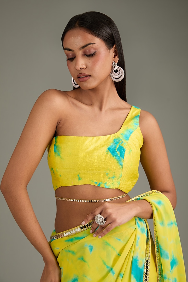 Yellow & Aqua Georgette Tie-Dye Wedding Saree Set by Akanksha Gajria at Pernia's Pop Up Shop