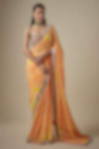 Orange & Yellow Georgette Hand Tie-Dye Reception Saree Set by Akanksha Gajria at Pernia's Pop Up Shop