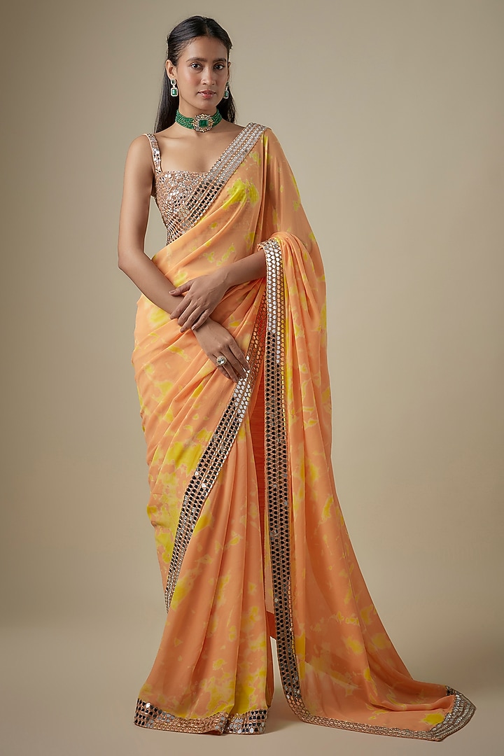 Orange & Yellow Georgette Hand Tie-Dye Reception Saree Set by Akanksha Gajria at Pernia's Pop Up Shop