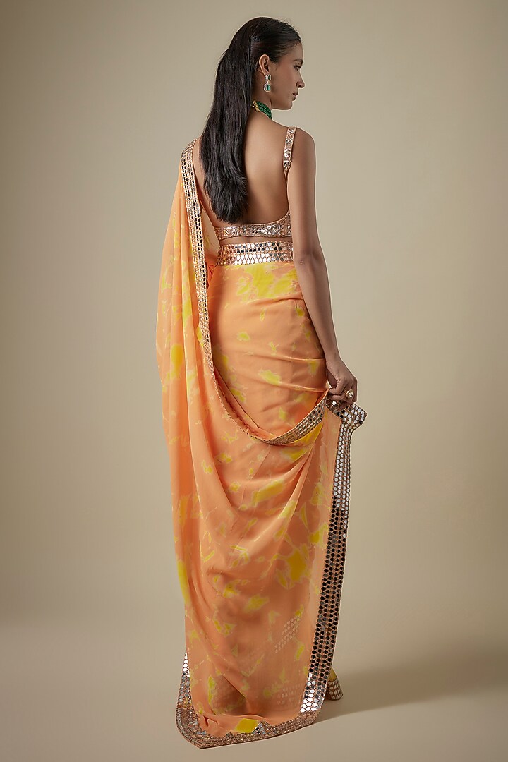 Orange & Yellow Georgette Hand Tie-Dye Reception Saree Set by Akanksha Gajria at Pernia's Pop Up Shop