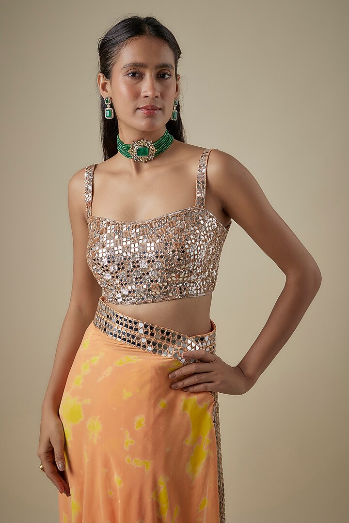 Orange & Yellow Georgette Hand Tie-Dye Reception Saree Set by Akanksha Gajria at Pernia's Pop Up Shop