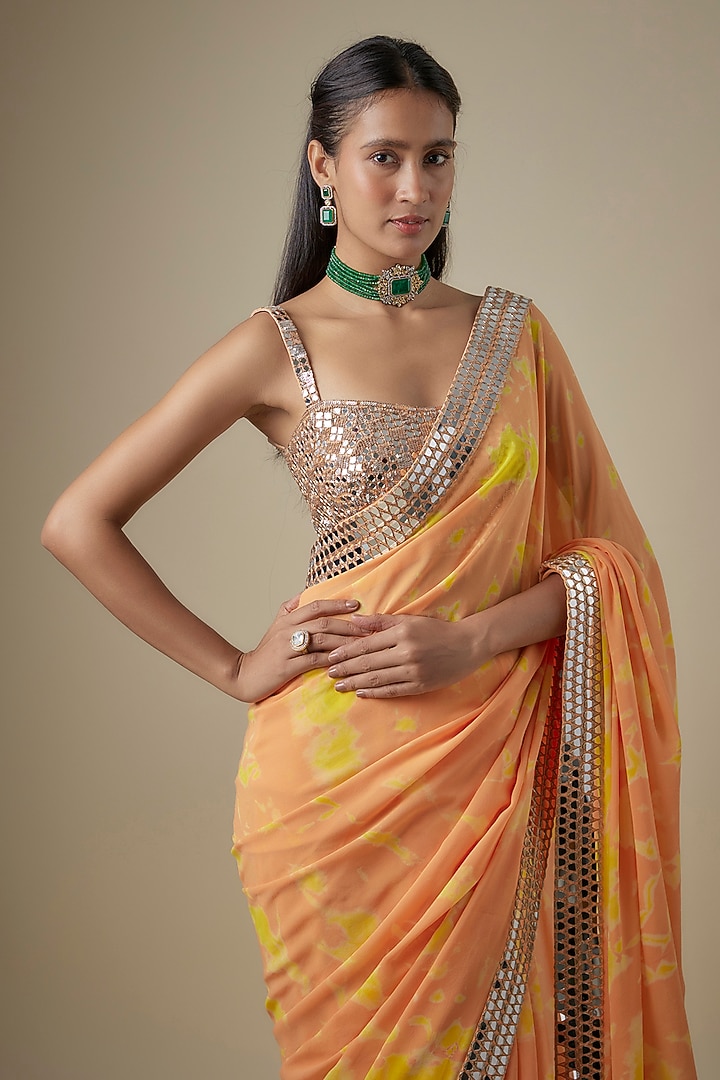 Orange & Yellow Georgette Hand Tie-Dye Reception Saree Set by Akanksha Gajria at Pernia's Pop Up Shop
