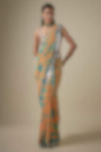 Orange & Blue Georgette Hand Tie-Dye Reception Saree Set by Akanksha Gajria at Pernia's Pop Up Shop