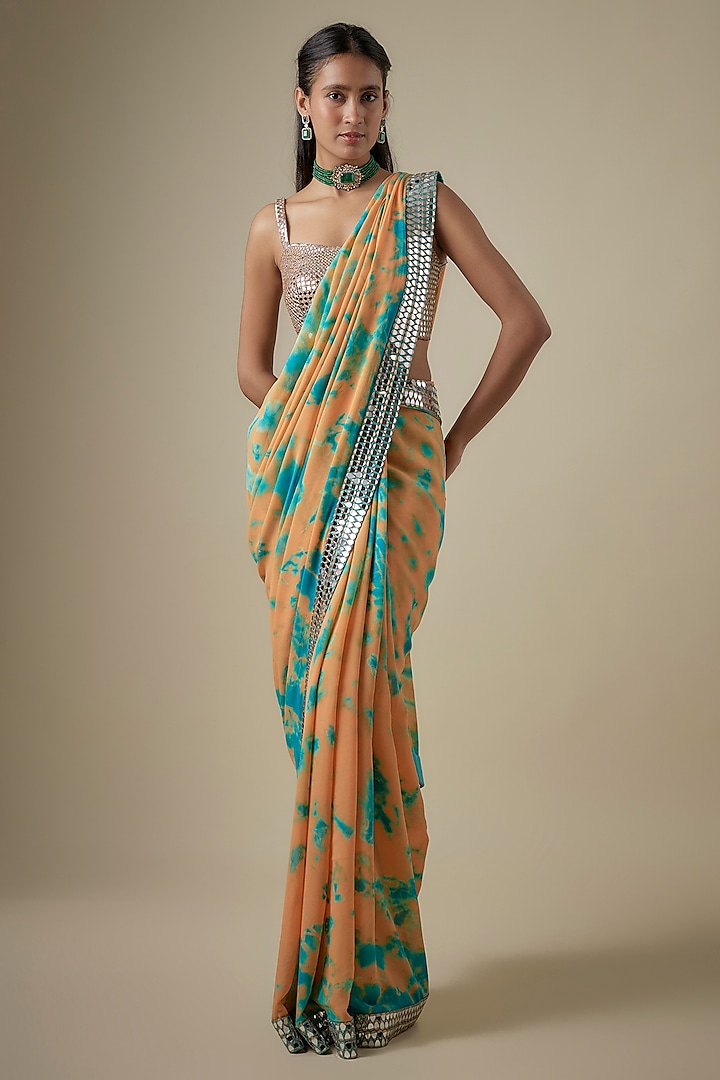 Orange & Blue Georgette Hand Tie-Dye Reception Saree Set by Akanksha Gajria at Pernia's Pop Up Shop