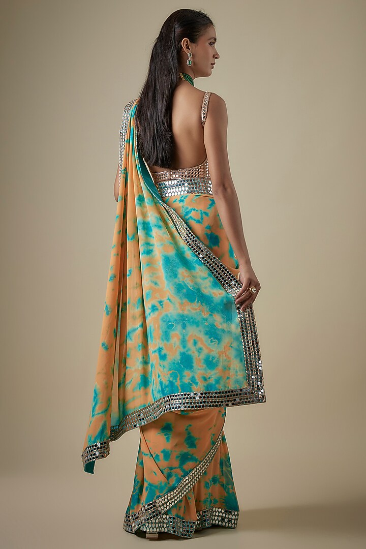Orange & Blue Georgette Hand Tie-Dye Reception Saree Set by Akanksha Gajria at Pernia's Pop Up Shop
