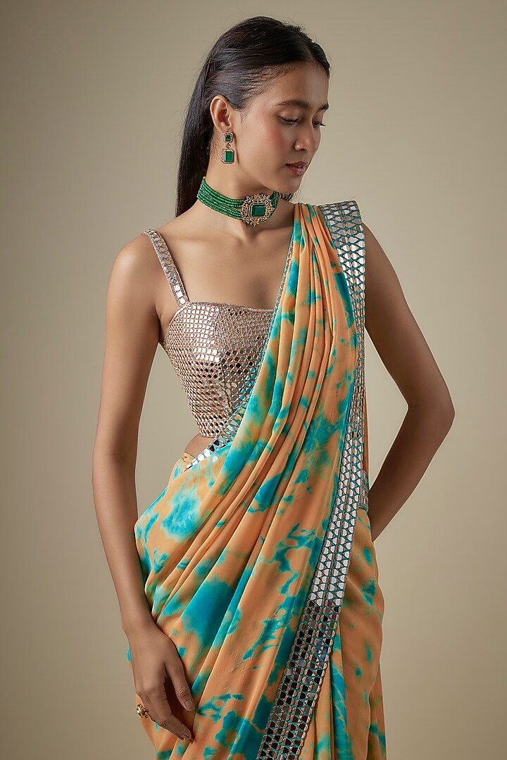 Orange & Blue Georgette Hand Tie-Dye Reception Saree Set by Akanksha Gajria at Pernia's Pop Up Shop