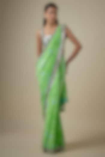 Green & Aqua Georgette Hand Tie-Dye Reception Saree Set by Akanksha Gajria at Pernia's Pop Up Shop