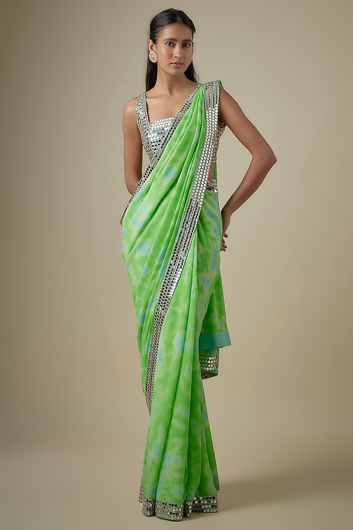 Green & Aqua Georgette Hand Tie-Dye Reception Saree Set by Akanksha Gajria at Pernia's Pop Up Shop