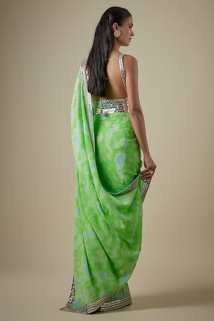 Green & Aqua Georgette Hand Tie-Dye Reception Saree Set by Akanksha Gajria at Pernia's Pop Up Shop