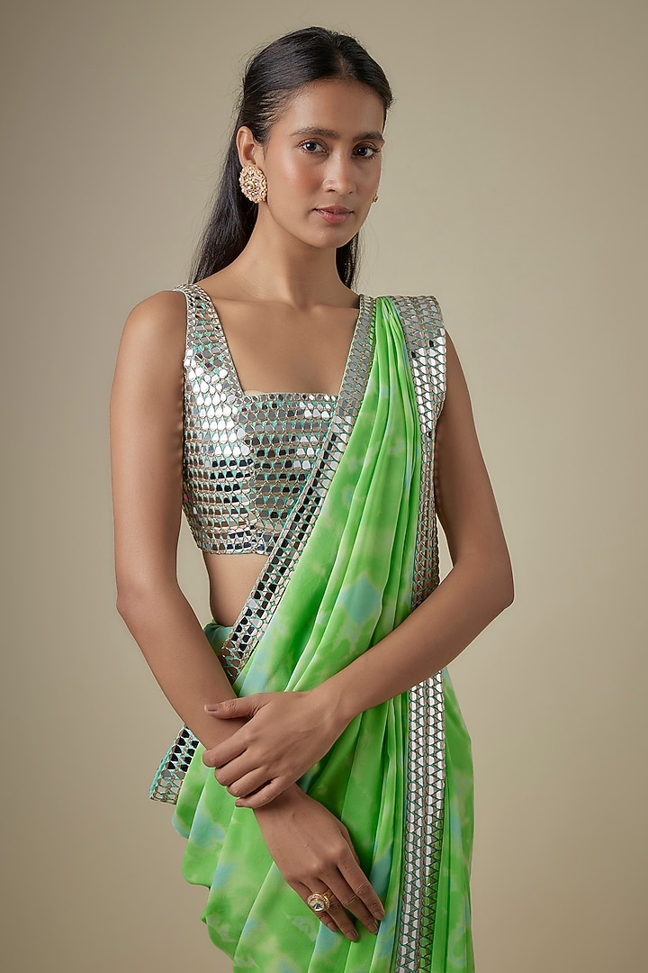 Green & Aqua Georgette Hand Tie-Dye Reception Saree Set by Akanksha Gajria at Pernia's Pop Up Shop