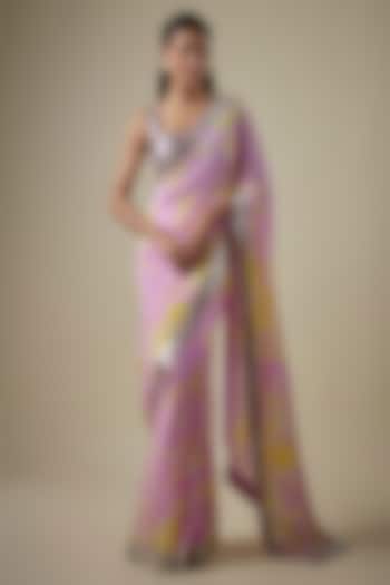 Lilac & Yellow Georgette Hand Tie-Dye Reception Saree Set by Akanksha Gajria at Pernia's Pop Up Shop