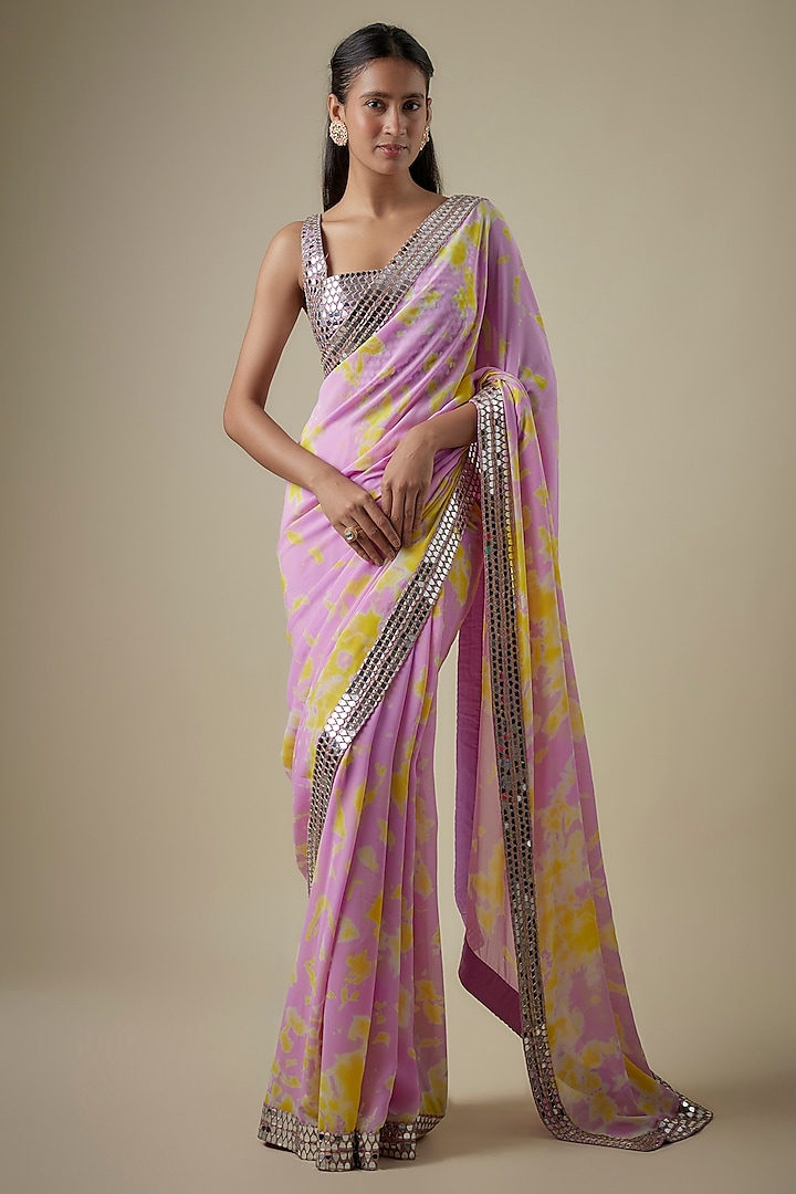 Lilac & Yellow Georgette Hand Tie-Dye Reception Saree Set by Akanksha Gajria at Pernia's Pop Up Shop