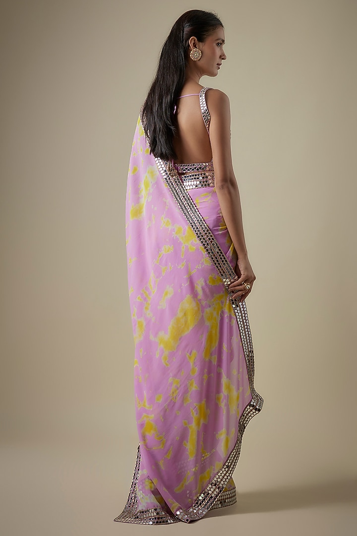 Lilac & Yellow Georgette Hand Tie-Dye Reception Saree Set by Akanksha Gajria at Pernia's Pop Up Shop