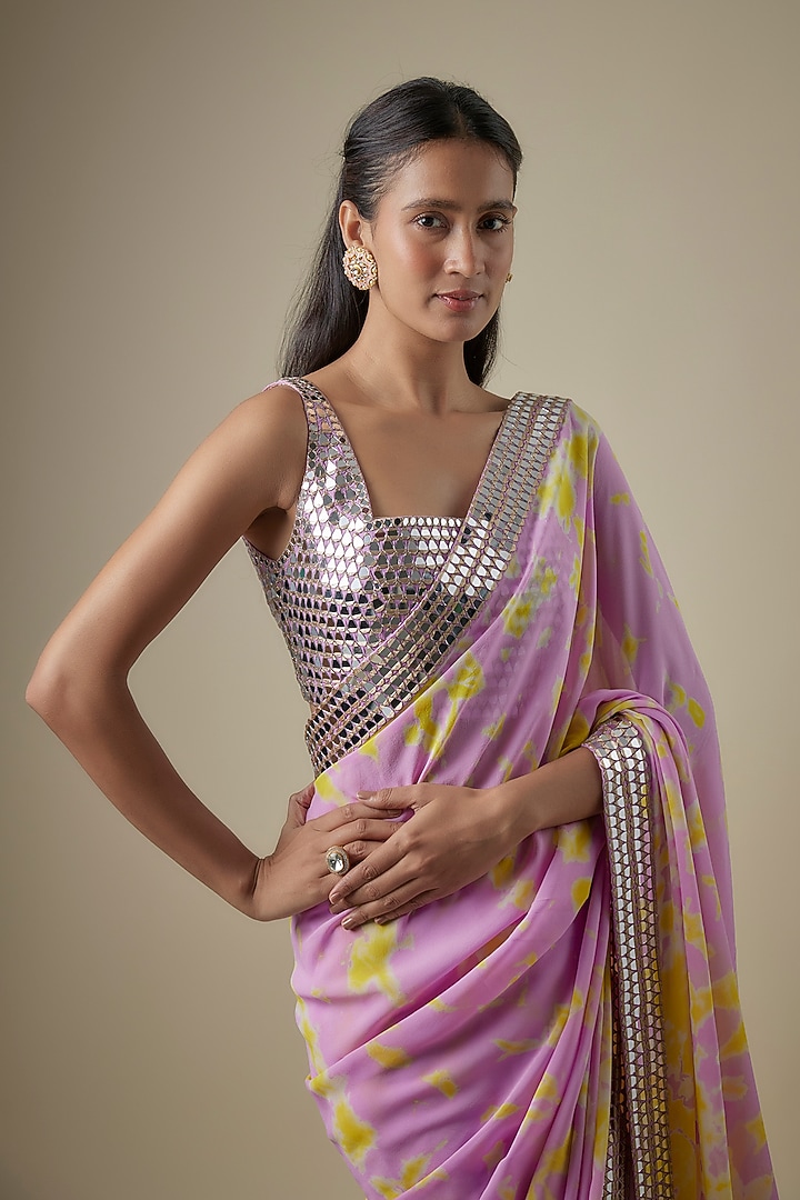 Lilac & Yellow Georgette Hand Tie-Dye Reception Saree Set by Akanksha Gajria at Pernia's Pop Up Shop